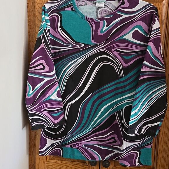 Sara Morgan Large Womens Purple Black Abstract Patterned Sleeve Top Shirt Blouse - Picture 5 of 13